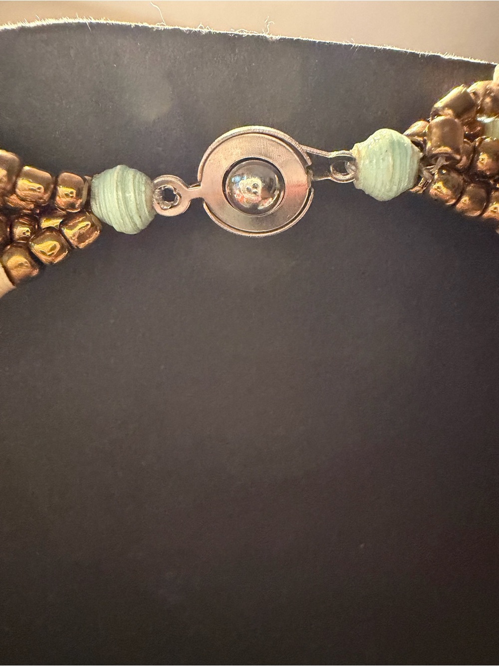 Paper Bead Multi Strand Necklace Blue,Pink, Green,WhiteSparkle Antique Gold Bead - Picture 5 of 6